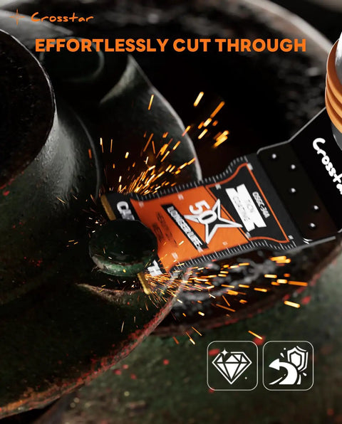 Heavy Duty Two Pack Carbide Oscillating Multi Tool Blades With Black Ice Coating For Zero Friction Cuts Through Lumber Plywood Tile And Hardened Surfaces Gear Up Your Toolbox Today cutting through metal with sparks flying.