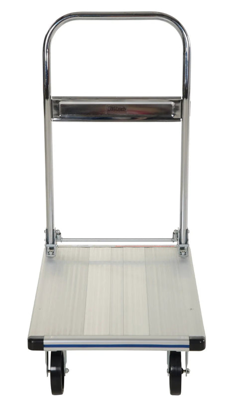 Front view of Aluminum Platform Cart With Polyurethane Casters Eighteen And A Half Inches By Thirty Inches 400 Lb Capacity Built Tough