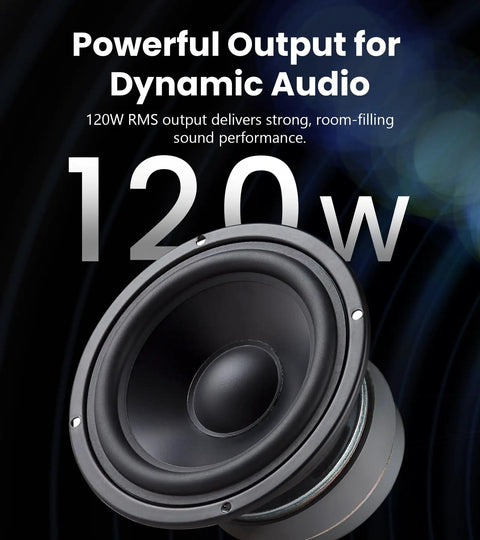 Speaker driver highlighting 120 watts RMS power of R2000DB Powered Bluetooth Bookshelf Speakers With Optical Input And 120 Watts RMS.