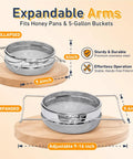 Double Sieve Honey Strainer Beekeeping Starter Kit Stainless Steel 6 Piece Set with expandable arms on wooden board