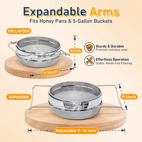 Double Sieve Honey Strainer Beekeeping Starter Kit Stainless Steel 6 Piece Set with expandable arms on wooden board
