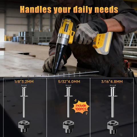 Brushless Cordless Rivet Gun Compatible With Dewalt 20V Max Battery Tool Only Spark Free Whisper Quiet blind fastening with various sizes.