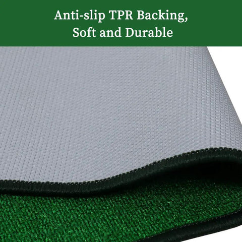 Close-up of TPR anti-slip backing on Ten Foot By Twenty Inch Golf Putting Green Mat with green polyester surface