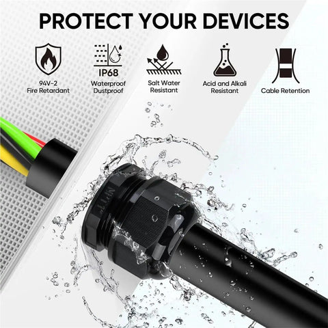 IP68 Waterproof Cable Gland Kit 20 Pieces Nylon NPT Adjustable Connectors showing water protection feature