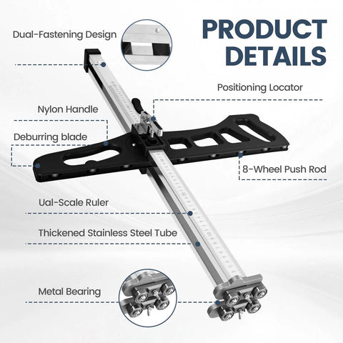 Foldable Drywall Cutter Featuring Adjustable Blade And Dual Scale Ruler With Laser Etched Markings For Quarter Or Three Eighths Inch Gypsum, showing nylon handle and metal bearing.