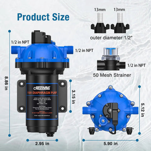 Workhorse Five Chamber Self Priming Diaphragm Water Pump 7 GPM 70 PSI 110V AC With Pressure Switch And Strainer dimensions