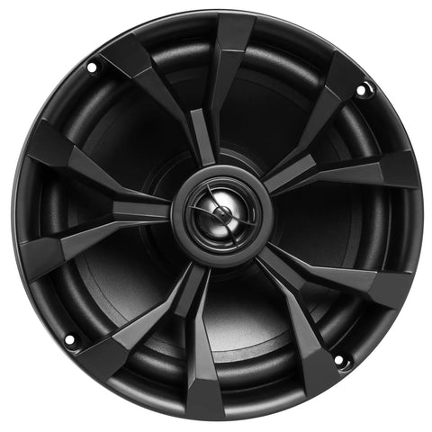 Close-up of black 8 Inch 2 Way Marine Speaker System with 500W Peak Power (250W RMS) Coaxial for wet environments and rough water.