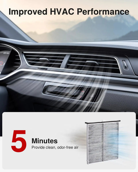 Dashboard with air vent highlighting HVAC performance, Cabin Air Filter With Activated Carbon Replacement For Mazda 3 6 CX 5 Odor Control