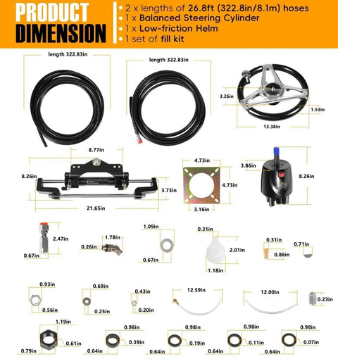 Beefed Up 200HP Hydraulic Outboard Steering Kit For Boats With Electroplated Steering Wheel, Helm Pump, Hydraulic Cylinder And 26Ft PU Hoses