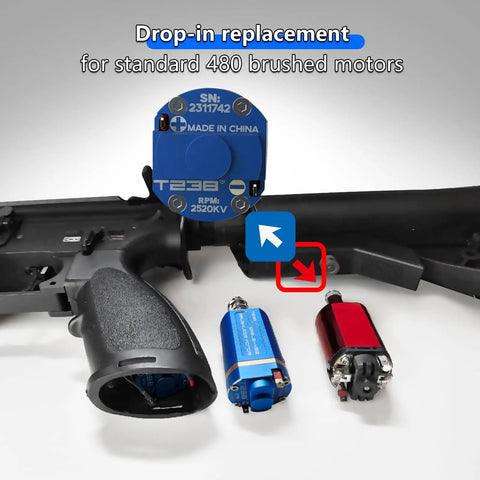 Airsoft Brushless Motor With High Torque And Fast Speed Long Shaft Fit For M4 M16 MP5 G3 P90 Series highlighted on gun