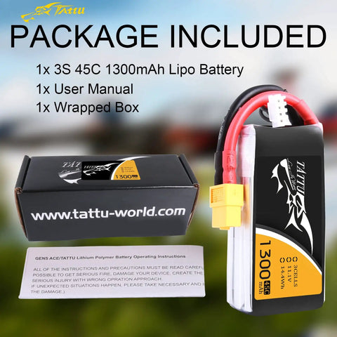 11.1V 1300mAh 45C LiPo Battery Pack With XT60 Plug For FPV Drones alongside packaging and manual.