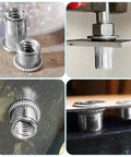 Top Shelf Heavy Duty 1/4 Inch 20 Thread Rivet Nuts installed in sheet metal for reinforcement during mechanic work.