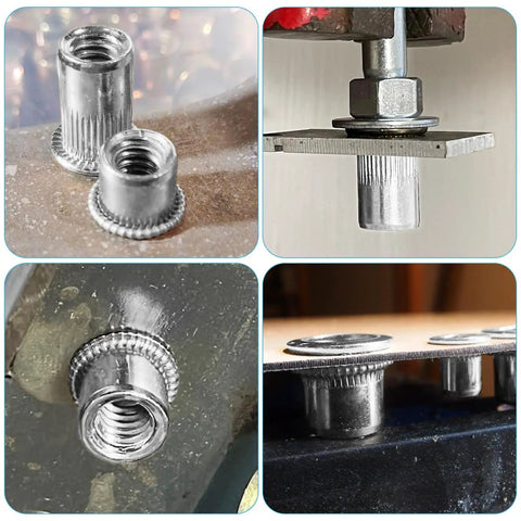 Top Shelf Heavy Duty 1/4 Inch 20 Thread Rivet Nuts installed in sheet metal for reinforcement during mechanic work.