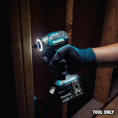 No-Bull 18 Volt Cordless Impact Driver Built Around A Brushless Motor And Four Speed Quick Shift Mode Delivering Up To Three Thousand Six Hundred Rpm For Nitty Gritty Fastening Work As A Raw Bare Tool Setup being used to fasten wood.