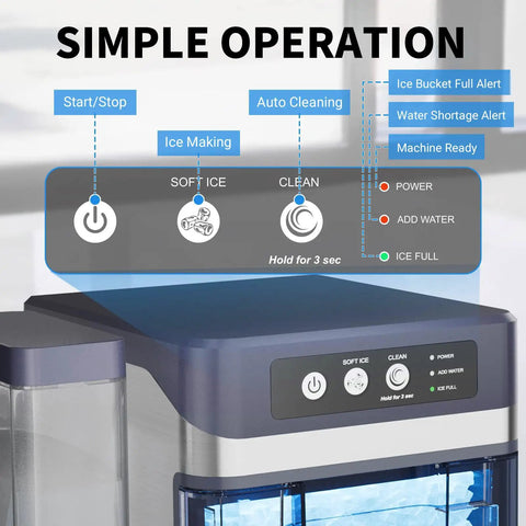 Heavy Duty Countertop Nugget Ice Maker Spits Out Chewable Ice Fast With Built In Water Tank And Hassle Free Self Clean Feature showing control panel and functions.