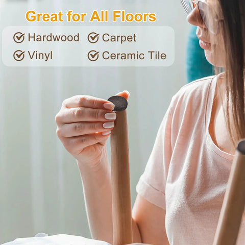 Woman applying High Performance Premium Black Felt Furniture Sliders For Hardwood Floors Chair Glide Pads on chair leg.