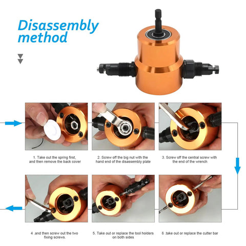Disassembly steps for 360 Degree Double Headed Sheet Metal Nibbler Drill Attachment With Extra Punch And Die And Step Drill Bit