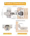 Product dimensions for Two Pack Professional Grade Frameless Soft Close Inset Cabinet Hinges with clip on mount, showing top and side views.