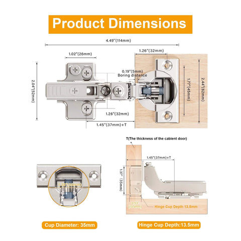 Product dimensions for Two Pack Professional Grade Frameless Soft Close Inset Cabinet Hinges with clip on mount, showing top and side views.