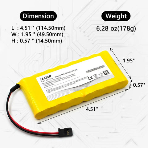 2-Pack 9.6V 1000mAh Ni-Cd Flat Type Battery Pack For Futaba Transmitters 8-cell design with dimensions and weight labels