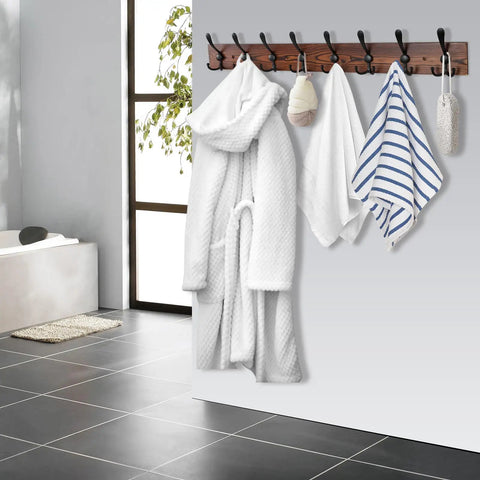 32.2 Inch Wall Mount Coat Rack With Eight Metal Hooks Built To Last, Rustic Brown Pine Wood Plank Hat Rack for bathroom towels and robes