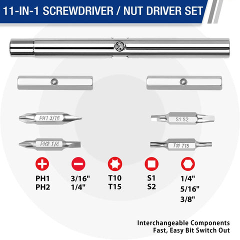 11 In 1 Screwdriver And Nut Driver Set With Comfort Grip And Interchangeable Bits All In One Portable Multi Bit Tool layout