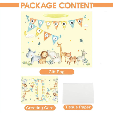 13 Inch Large Baby Gift Bag For Baby Shower With Tissue Paper And Greeting Card Yellow Dinosaur Design Includes 3 Sheets Tissue Paper For Boy Or Girl Must Have Gift Bag, featuring a colorful welcome baby banner with cartoon animals.