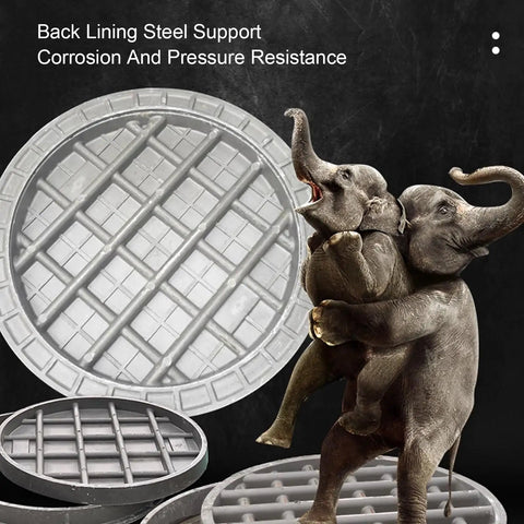 Seamless Resin Septic Tank Cover for Round Garden and Yard Lids, 31.4 by 31.4 by 1.9 Inches next to two elephants.