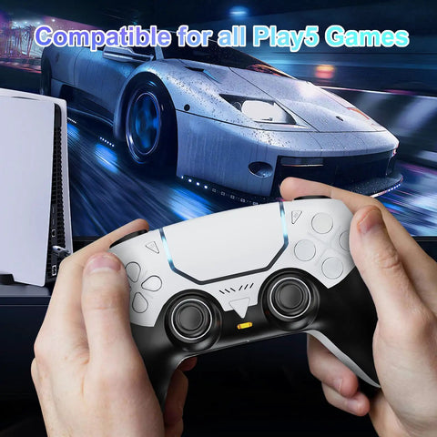 Wireless Game Controller For P5 And PC Steam Deck Programmable Buttons Vibration 6 Axis Sensor Built In Speaker Mute Function 3.5mm Headphone Jack Touch Pad LED Light Bar And Audio Output White, white dual-stick controller held in hands
