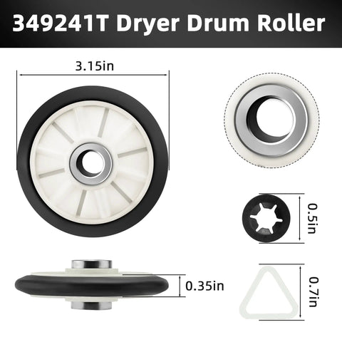 349241T dryer drum roller with dimensions, part of Must Have Dryer Repair Kit 4392065 Belt Replacement For Whirlpool WGD4815EW2 WED4950HW0