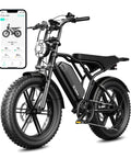 Beast Built Fat Tire Electric Bike For Adults With 1500W Peak Motor 60 Mile Range 48V 15Ah Removable Battery 20 Inch Full Suspension UL 2849 Certified Black shown with smartphone app interface.