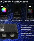 Dual Color 32W Fiber Optic Starlight Kit Bluetooth app control showing static, dynamic, music modes with RGBW lights.