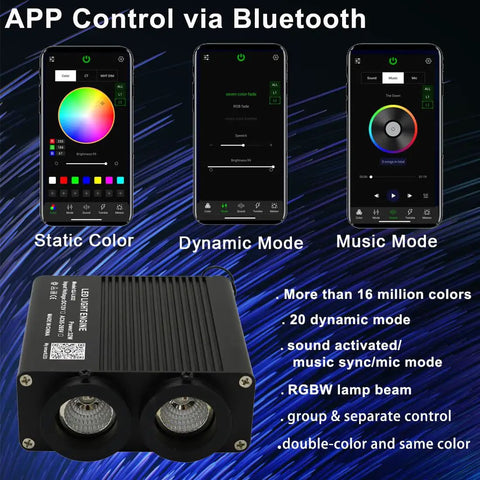 Dual Color 32W Fiber Optic Starlight Kit Bluetooth app control showing static, dynamic, music modes with RGBW lights.