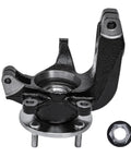 Front Left Steering Knuckle With Wheel Hub Bearing Assembly For Ford Focus 2006 2011 Driver Side Replacement Kit Complete Knuckle And Hub No Fuss Install OEM Quality Drop In Fit For 2007 2008 2009 2010 Models product image showing a black metal steering knuckle with wheel hub and bearing, designed to fit certain Ford Focus models.