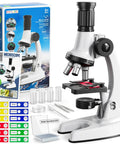 Awesome 65 Piece Kids Microscope Kit With 100X To 1200X Magnification Includes 12 Specimens 45 Blank Slides Tweezers Dropper Culture Dish Storage Box And Guide For Ages 3 To 13, white plastic microscope set with slides