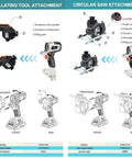 Built Different 10 In 1 Cordless Power Tool Combo Kit With Brushless Motor Dual 4 Ah Batteries showing oscillating and circular saw attachments.