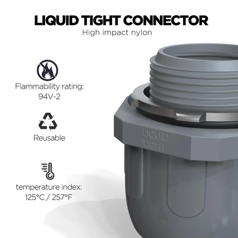 Kickass Built Tough 1/2 Inch Straight Conduit Connectors Grey Nylon 6 Fittings Liquid Tight Non Metallic Electrical Wiring Protection 200 Pack close-up of connector features