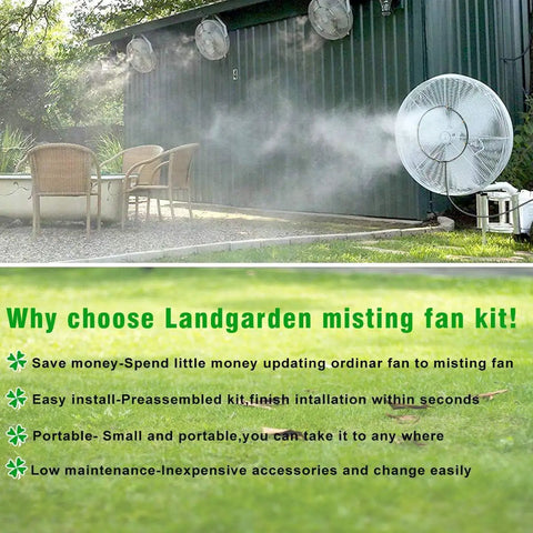 Outdoor setup with the Ultimate Outdoor Misting Fan Kit For A Cool Patio Breeze With Water Mister, showing misting line and fan.