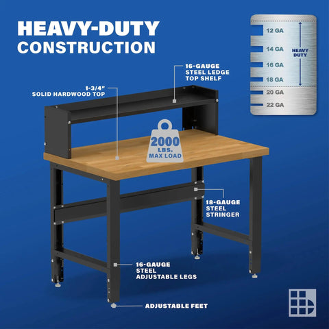 Badass 48 Inch Heavy Duty Workbench With Rock Solid Hardwood Top And Welded Steel Frame Adjustable Height From 32 To 38 Inches Handles Up To 2000 Pounds Bonus Side Shelf Made In The States For Real Workshop Grind