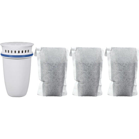 Refillable Water Filter Starter Kit For Pitchers And Dispensers BPA Free Includes 1 Reusable Filter Shell And 3 Refills Reduces Plastic Waste And Lasts About Two Months Per Filter, showing one filter shell and three refills.