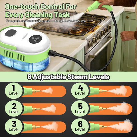 Heavy Duty Handheld Steam Cleaner With 2500W Rapid Heat And Hella Powerful Vapor Jets cleaning kitchen stove with adjustable steam levels.