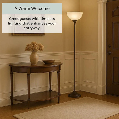 Entryway with Bronze 72 Inch Torchiere Floor Lamp With Glass Shade, Modern Metal Floor Lamp for living room or bedroom.