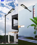 Ultra Bright 350000LM Solar Street Lights With 384 LEDs 1500W mounted on wall and pole showing versatility in outdoor setup