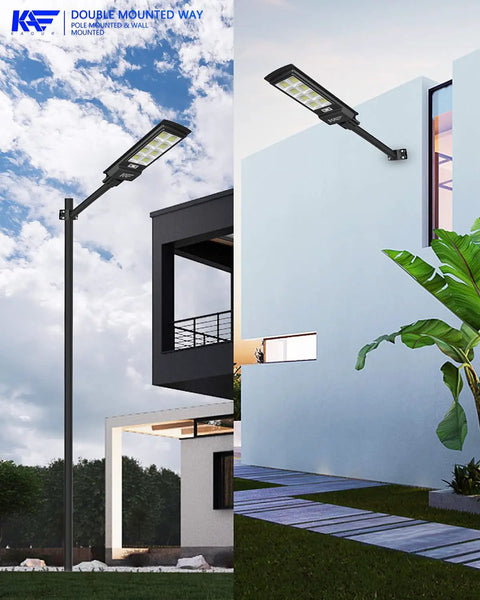 Ultra Bright 350000LM Solar Street Lights With 384 LEDs 1500W mounted on wall and pole showing versatility in outdoor setup