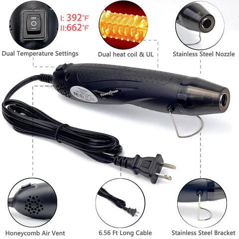 Powerful 350W Mini Heat Gun Kit with stainless steel nozzle and dual temperature settings for precise heat applications