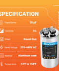 UL Certified 25uF Round Motor Run Capacitor For 370V Or 440V AC, compact design with aluminum case, specifications listed