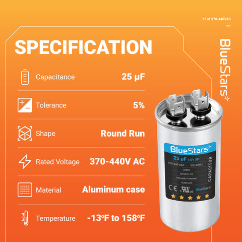 UL Certified 25uF Round Motor Run Capacitor For 370V Or 440V AC, compact design with aluminum case, specifications listed