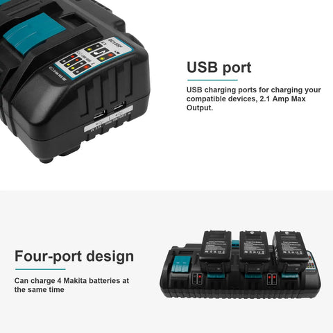 Four Port 18V Fast Charger For Makita Lithium Ion Batteries With Dual USB, charging four battery packs at once