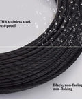 Close-up of black cable with droplets, showcasing Black Cable Railing Hardware Kit For One Eighth Inch Wire Rope System, Marine Grade T316.