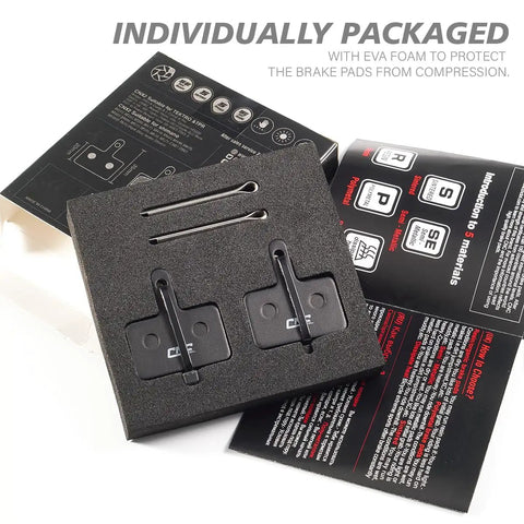 Packaging of Resin Bike Brake Pads For Shimano Deore B01S to M675 showing pads and manuals in foam box